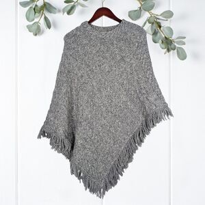 Shades of Aran Sweater Womens One Size Gray 100% Merino Wool Fringe Poncho